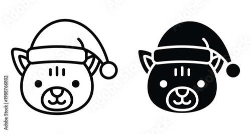 Cute cat head wearing Santa hat icon set in line art and solid black silhouette style for Christmas holiday design