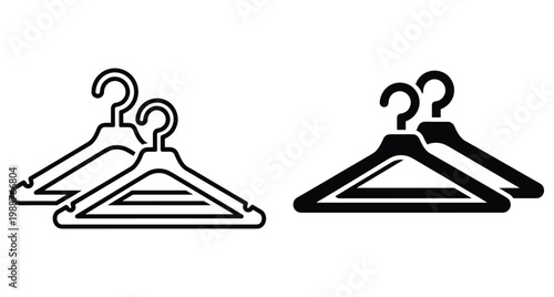 Clothes hanger icon set with outline and solid black silhouette styles for laundry wardrobe closet fashion retail shop storage organization