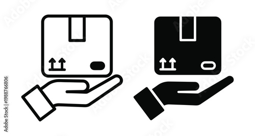 Hand holding cardboard box delivery icon set for shipping logistics parcel service distribution commerce transportation storage handling fragile package symbols