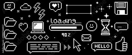 Pixel dark UI background with loading bar. Retro 8-bit icons. Computer file folder. Downloading. Modern interface design for dashboards, SaaS, developer tools, digital systems. Vector illustration