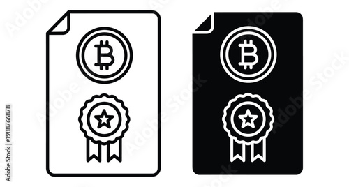 Bitcoin certificate icon set showing digital currency document with award ribbon and star symbol for crypto finance and blockchain technology verification