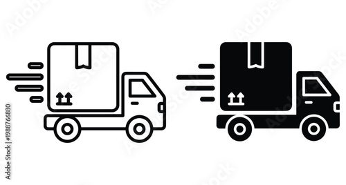 Fast delivery truck icon set with cardboard box package for shipping logistics transportation service express courier moving van symbol