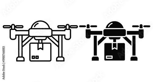 Delivery drone carrying package parcel icon set for logistics shipping transportation technology service commerce distribution industry automation flight quadcopter aircraft