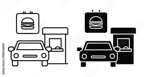 Drive thru fast food restaurant service icon set with car at window and burger sign in outline and solid styles