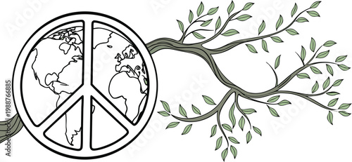 Peace sign symbol combined with a globe and a growing tree branch