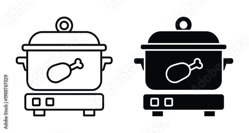 Slow cooker icon set featuring electric crock pot with chicken leg symbol for cooking meat stews and healthy home meals kitchen appliance
