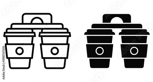 Coffee cup carrier icon set with two disposable paper cups for takeaway beverage service in outline and solid black styles