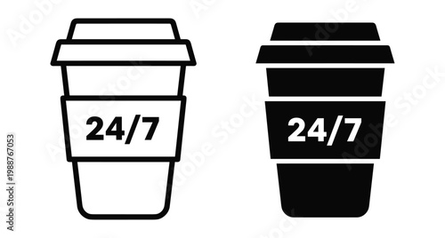 Coffee cup icon set with twenty four seven service text for cafe restaurant delivery shop beverage take away drink