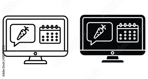 Computer monitor icon set showing carrot speech bubble and calendar for healthy diet planning nutrition schedule online food tracking application