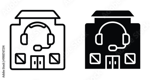 Call center building icon set featuring outline and solid styles representing customer support office telemarketing services help desk and communication