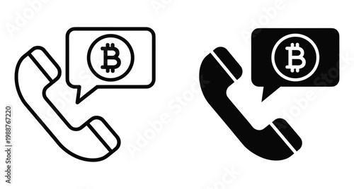Bitcoin telephone call icon set with speech bubble and crypto currency symbol for digital finance communication and blockchain technology support services