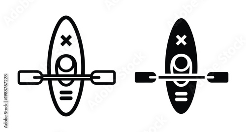 Kayak and paddle icon set featuring outline and solid black vector symbols for water sports outdoor recreation and adventure activities