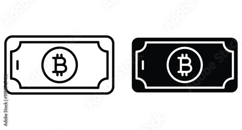 Bitcoin banknote icon set featuring outline and solid glyph styles for cryptocurrency finance digital payment blockchain technology and money transactions