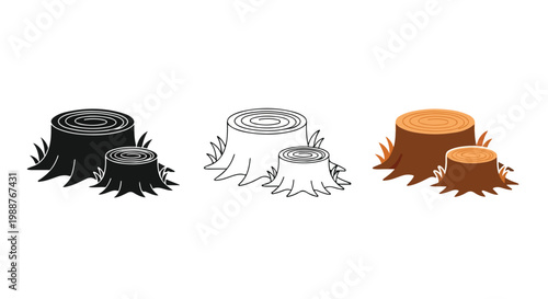 Tree stump icons in black, white, and brown colors, isolated on white background