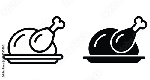 Roasted chicken turkey icon set on platter line and solid style for restaurant menu food delivery thanksgiving dinner holiday meal