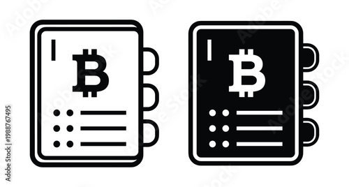 Bitcoin ledger notebook icon set showing cryptocurrency financial records digital wallet address book for blockchain transactions and secure asset management