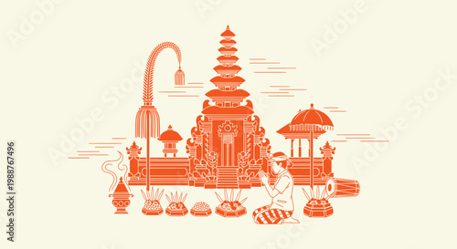 Traditional Balinese Hindu Prayer Illustration with Pura Temple, Canang Sari Offerings, and Worship