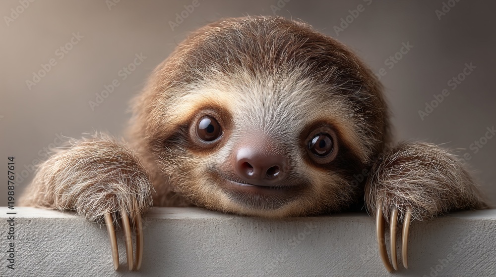 Fototapeta premium Playful Sloth Peeking Over a Ledge with Gentle Claws and Curious Expression