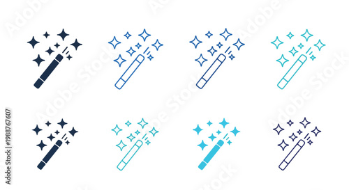 Set of colorful magic wands with sparkling stars and effects