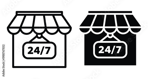 Storefront shop icon set with twenty four seven open sign hanging on door for retail business commerce and service availability