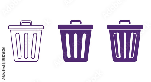 Three trash cans in different shades of purple on a white background for waste management concept