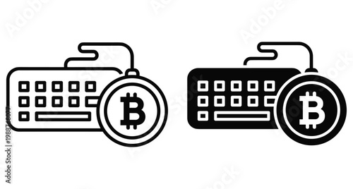 Bitcoin cryptocurrency mining icon set with computer keyboard and digital coin symbol for blockchain technology finance and online trading concepts
