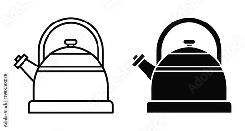 Kettle icon set featuring outline and solid black silhouette designs for kitchen appliances tea preparation boiling water and household equipment