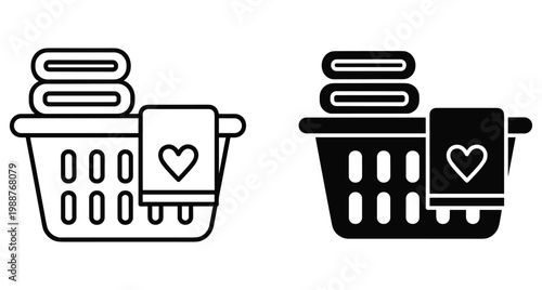 Laundry basket icon set with folded towels and heart symbol for domestic housework cleaning service and home organization chores