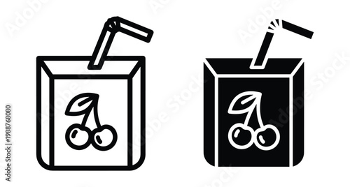 Cherry juice box icon set with straw and fruit illustration in outline and solid black styles for beverage packaging design and menu interface