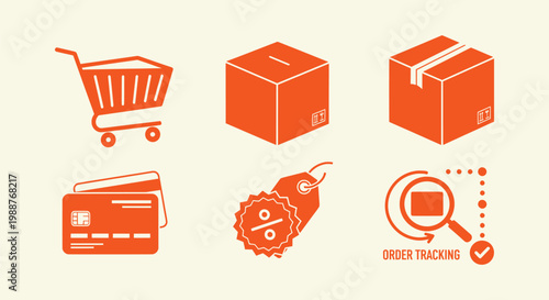 Orange E-commerce Icon Set featuring Shopping Cart, Delivery Box, Credit Card and Order Tracking