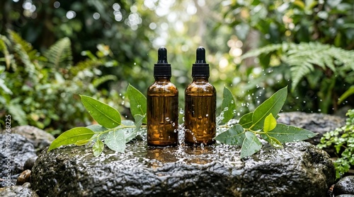 Two amber glass bottles on rock.