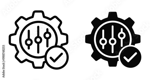 Gear icon with adjustment sliders and checkmark symbol representing successful configuration settings optimization system preferences management control panel interface design
