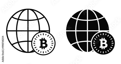 Bitcoin cryptocurrency global network icon set featuring earth globe and digital coin symbols for international finance and blockchain technology transactions