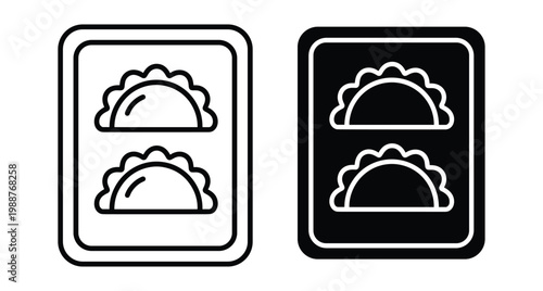 Dumpling tray icon set featuring pierogi gyoza or ravioli in plastic container packaging for food delivery and takeout menu design