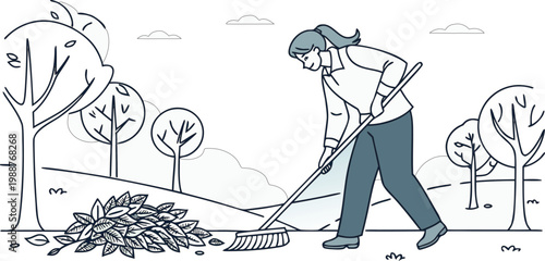 Woman raking fallen leaves in the garden