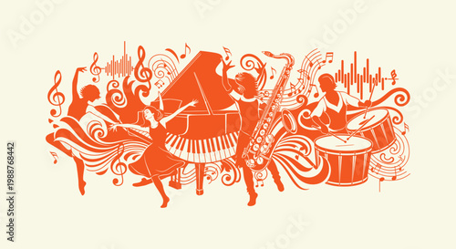 Vibrant orange music illustration with people dancing, playing piano, saxophone and drums.