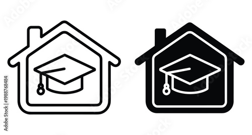 Graduation cap inside house icon set representing homeschooling online education university degree academic achievement learning at home student residence campus life