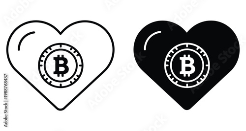 Bitcoin heart icon set representing love for cryptocurrency digital finance blockchain technology investment donation charity and electronic money payment systems