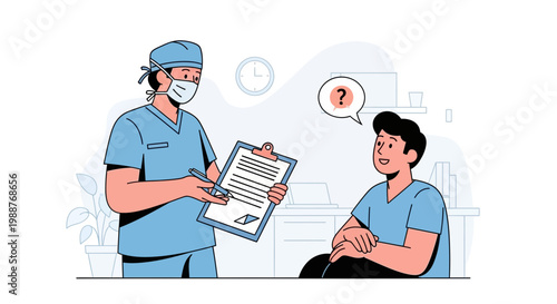 Doctor consulting patient, explaining medical document, patient with question mark
