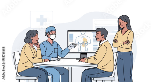 Doctor consulting with patients about medical condition on computer screen