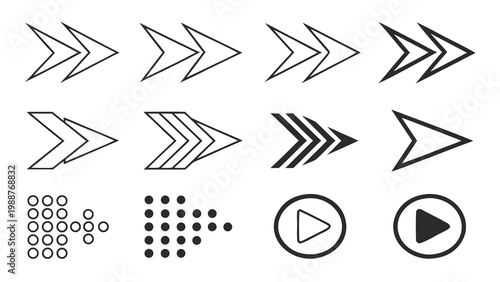 Obraz na płótnie A set of modern arrow icons and play buttons in a minimalist flat design style