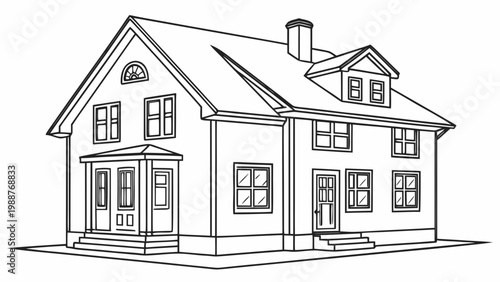 A minimalist line art illustration of a two-story house with a gable roof and chimney