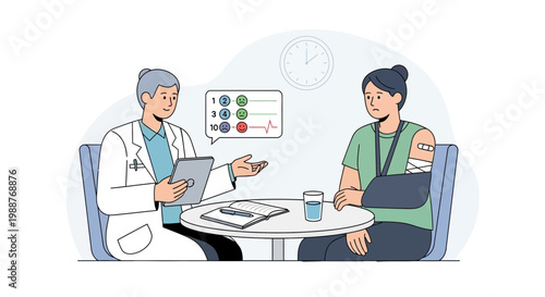 Doctor consults patient with arm sling, discussing health chart with rating scale