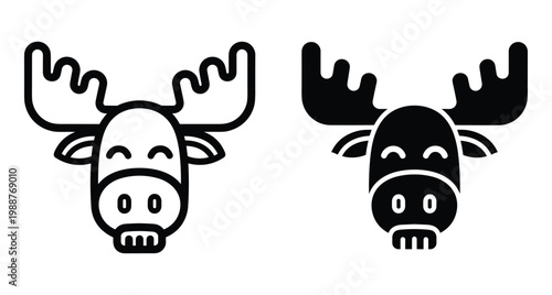 Moose head icon set featuring outline and solid silhouette styles for wildlife nature animal logo design and graphic projects