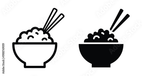 Rice bowl with chopsticks icon set featuring outline and solid silhouette styles for Asian cuisine rice bowl with chopsticks icon set