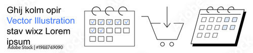 Scheduling, e-commerce, organization, productivity, planning, time management. Minimalistic calendar icons with check marks and a shopping cart. Scheduling and e-commerce concepts