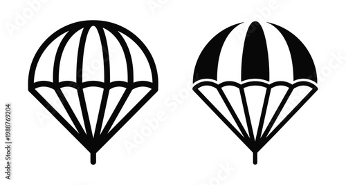 Parachute icon set featuring outline and solid black silhouettes for skydiving extreme sports aviation safety equipment and air transportation symbols