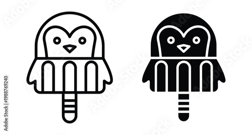 Penguin shaped popsicle ice cream on stick icon set with outline and solid black silhouette styles for summer dessert menu