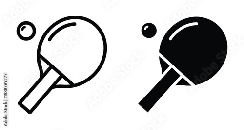 Table tennis paddle and ball icon set featuring outline and solid silhouette styles for sports equipment graphic design elements