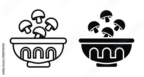 mushroom bowl icon set featuring outline and solid black styles for cooking food preparation kitchen recipe and healthy eating design